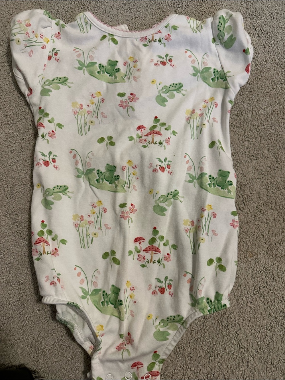 Little English White One-Piece Bodysuit with Green Frog and Pink Floral Print